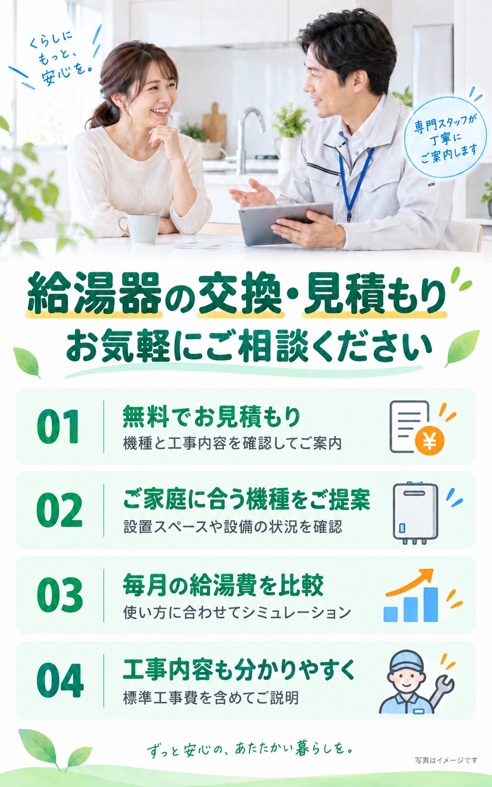 給湯器の交換・見積もりは、お気軽にご相談ください。1 機種と工事内容を確認しお見積もりをご案内。2 設置スペースや設備の状況に合う機種をご提案。3 使用状況をもとに交換前後の給湯費を比較。4 標準工事費を含めて分かりやすくご説明。